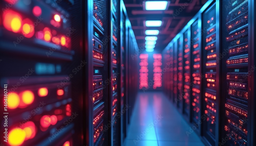 Aufkleber Server room with telecommunication equipment in data center. Cloud computing tech concept, digital world, cyberspace, data storage. Network infrastructure, communication system, web hosting, data