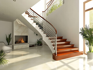 Modern Staircase Design with Wooden Steps and Metal Handrail in Living Room