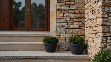Modern Stone House Exterior with Planters and Steps