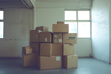 Moving Day Scene with Cardboard Boxes and Equipment in Empty Room