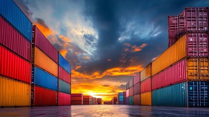 Fototapeta premium Shipping container yard at sunset for global trade logistics and international export import business