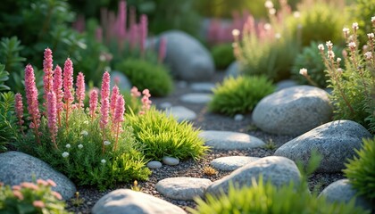 Summer rockery garden with colorful blooming flowers, green bushes, big stones. Pink phlox, sedum, perennial plants grow on rocks. Ornamental landscaping creates beauty, attracts insects, pollinators.