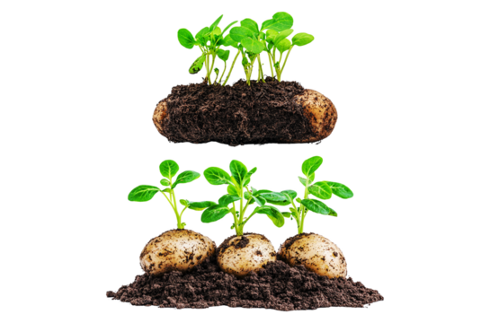Growing seedlings and potatoes in soil collection for gardening themes