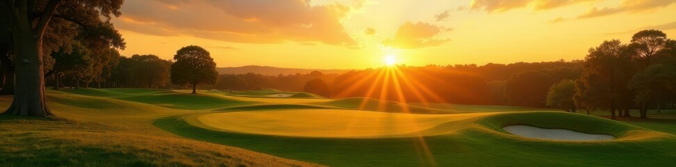 Golden hour golf course, fairway glows, distant trees, backlit, scenic