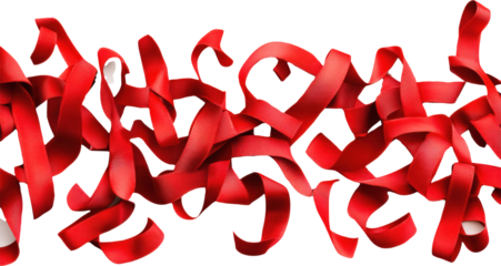 Red ribbons scattered on transparent background 