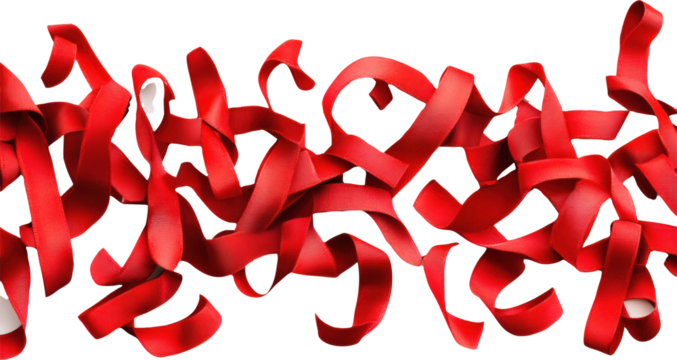Red ribbons scattered on transparent background 