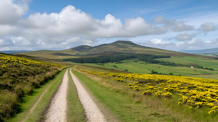 Naklejka premium Dirt Road Leading to a Hilltop Farmland Under a Sunny Sky