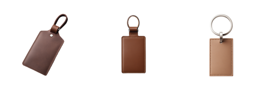 Assorted leather tags with various shapes and rings showcasing rich brown tones