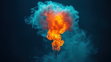 Flame with teal smoke cloud against a dark blue backdrop