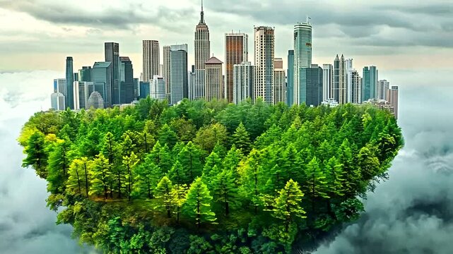 Floating forest city skyline; green sustainability