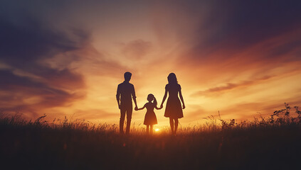 Silhouette of a Happy Family at Sunset in a Grassy Field