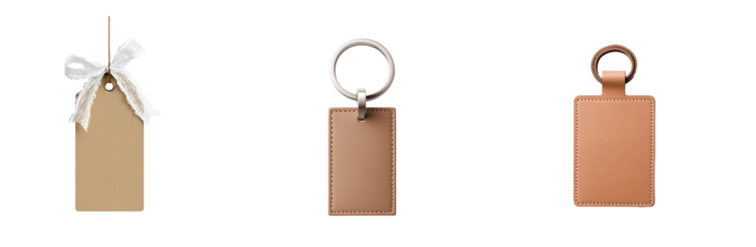 brown and beige tags with ribbons and rings for various uses 