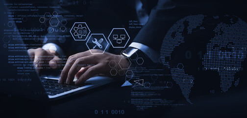 IT support, customer service concept. Computer engineer, technician coding on laptop computer connection with big data storage as backgrounds, digital technology, database, data management