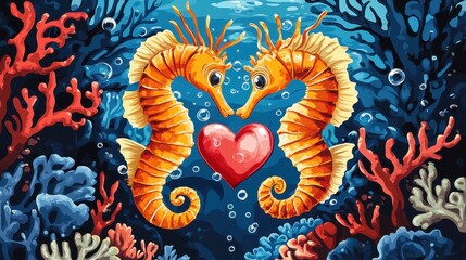 Two Seahorses Love Surrounded Vibrant