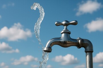 Water defying gravity coming out of a faucet against a blue sky