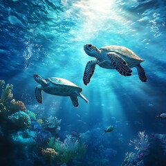 Obraz premium Magnificent turtles under bright sunlight in the tranquil ocean water high resolution image