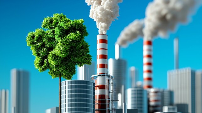 Environmentally conscious factory in scenic countryside under soft symbolic sky tones.