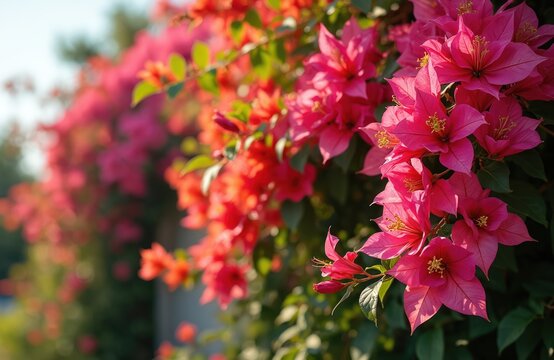 Vibrant bougainvillea flowers, green foliage creates tropical garden vibe. Colorful blossoms, pink, red, orange hues. Rich flora. Natural background. Summer, spring. Close-up shot. Beautiful floral