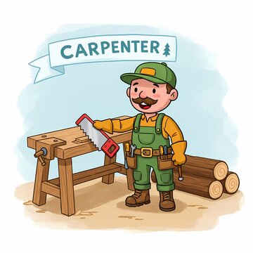 a cartoon illustration of a carpenter wearing a green cap, green overalls, and brown boots. He is holding a red clamp and standing next to a wooden workbench with tools and a log under the table.