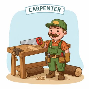 a cartoon illustration of a carpenter wearing a green cap, green overalls, and brown boots. He is holding a red clamp and standing next to a wooden workbench with tools and a log under the table.