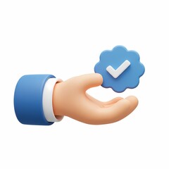 3D Rendered hand wearing a blue sleeve holding a blue badge with a white checkmark on it.