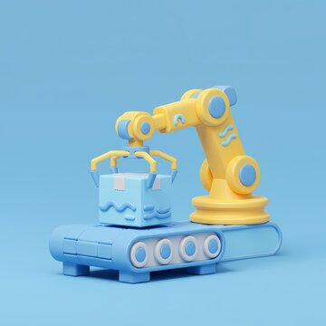 3D Robotic arm picking up a light blue box from a conveyor belt.