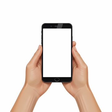 Illustration pair of hands holding a modern smartphone with a black bezel and a blank white screen.