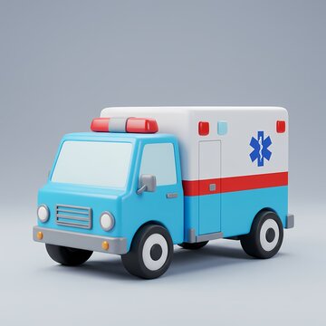 3D Ambulance with a blue and white color scheme, red and blue stripes, and a medical symbol on the side.