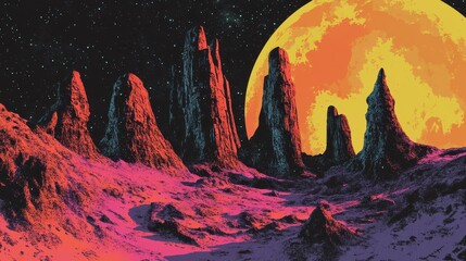 Vibrant alien landscape with towering spires under a fiery moon.