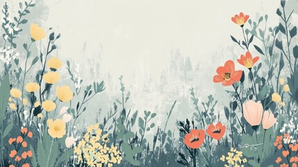 A painted floral meadow scene with soft color palettes.