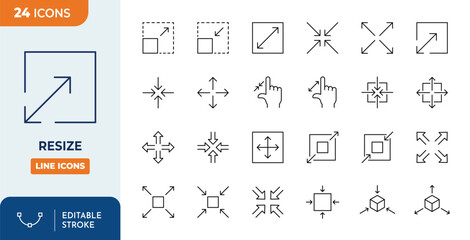 Resize icon set. Increase, reduce symbol set with arrows. Outline Icon Collection. Vector illustration. Editable stroke	
