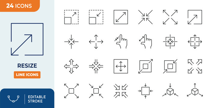 Resize icon set. Increase, reduce symbol set with arrows. Outline Icon Collection. Vector illustration. Editable stroke	