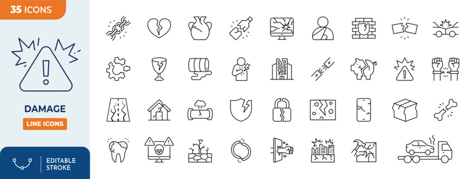 Damage icon set. Contains icons related to damaged, broken, and more. Outline Icon Collection. Vector illustration. Editable stroke	