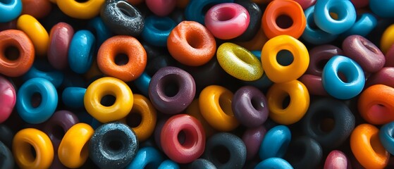 Fototapeta premium Colorful ring-shaped candies or cereal pieces filling the frame creating a vibrant pattern.