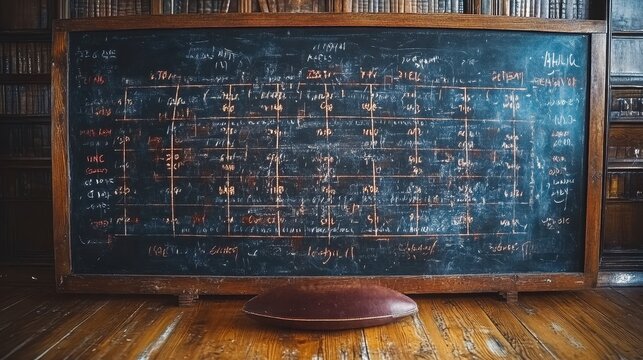 Complex formula on chalkboard in old library with an oval shape object