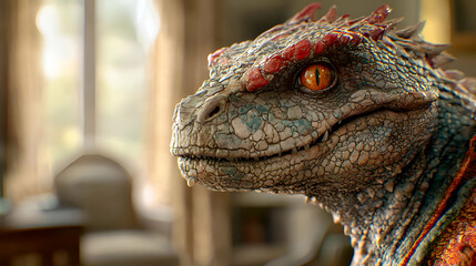Closeup Portrait of a Friendly Grey and Red Textured Dinosaur