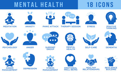 Set of mental health icons illustrating therapy, anxiety, depression, stress relief, mindfulness, emotional wellness, self-care, counseling, support, and psychological treatment concepts.