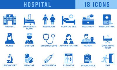 Hospital and medical icons set featuring essential healthcare elements such as staff, equipment, treatment areas, signage, and tools for use in digital media, apps, websites, and print.