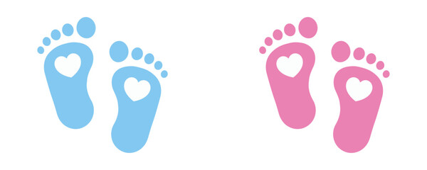 Vector illustration of pink and blue baby footprints with heart-shaped soles, ideal for gender reveal, baby shower designs, nursery decor, invitations, cards, and infant-related graphics.