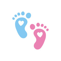 Baby footprint vector illustration in pink and blue colors featuring heart symbols, perfect for gender reveal, newborn announcements, maternity design, or baby shower invitations
