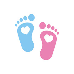 Cute baby footprint vector illustration with heart icons inside pink and blue feet, ideal for gender reveal graphics, baby shower invitations, or maternity vector designs