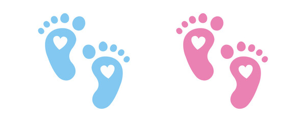 Vector illustration of pink and blue baby footprints with heart symbols inside, representing boy and girl gender reveal, ideal for baby shower invitations, birth announcements, and nursery designs