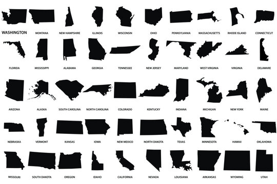 United States map silhouette featuring all 50 states in a vector outline style, ideal for educational materials, presentations, infographics, and graphic design projects.