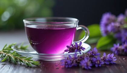 Close-up image of transparent glass cup filled with vibrant purple tea. Garnished with purple flowers, rosemary. Refreshing, healthy drink. Suitable for cafe, herbal medicine, wellness industry