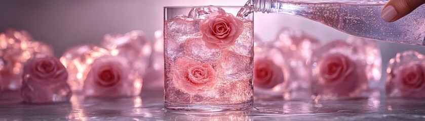 Fototapeta premium Close-up shot of pouring water into a refreshing cocktail with flowers