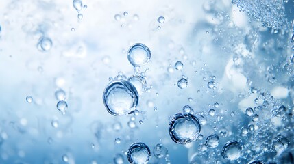 Close-up of water bubbles with blue and white hues abstract background.