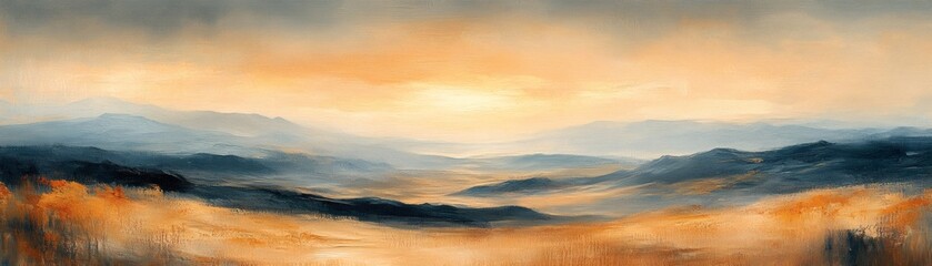 Fototapeta premium A serene, misty landscape, the sun peaking through the clouds