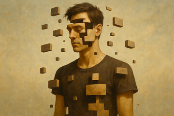 Man with fragmented floating body parts