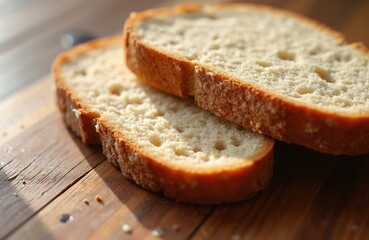 Two sliced pieces of fresh baked bran bread with rye crust. Sunlight shines on wooden table. Breakfast snack. Close up food photo for bakery or recipe blog content.