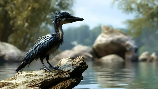 A Solitary Ichthyornis Perched on Driftwood, Scanning Its Surroundings with Prehistoric Vigilance